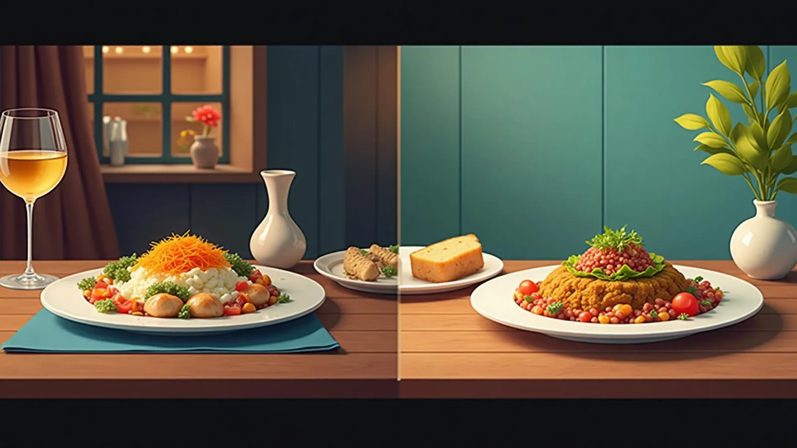 Comparison between luxury restaurant meal and simple home-cooked meal